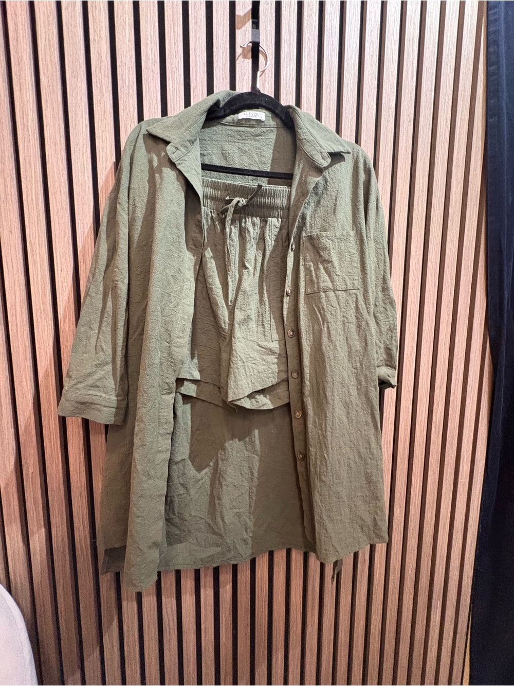 Lightweight Olive Green Button-Up Shirt Jacket and matching shorts 100% cotton